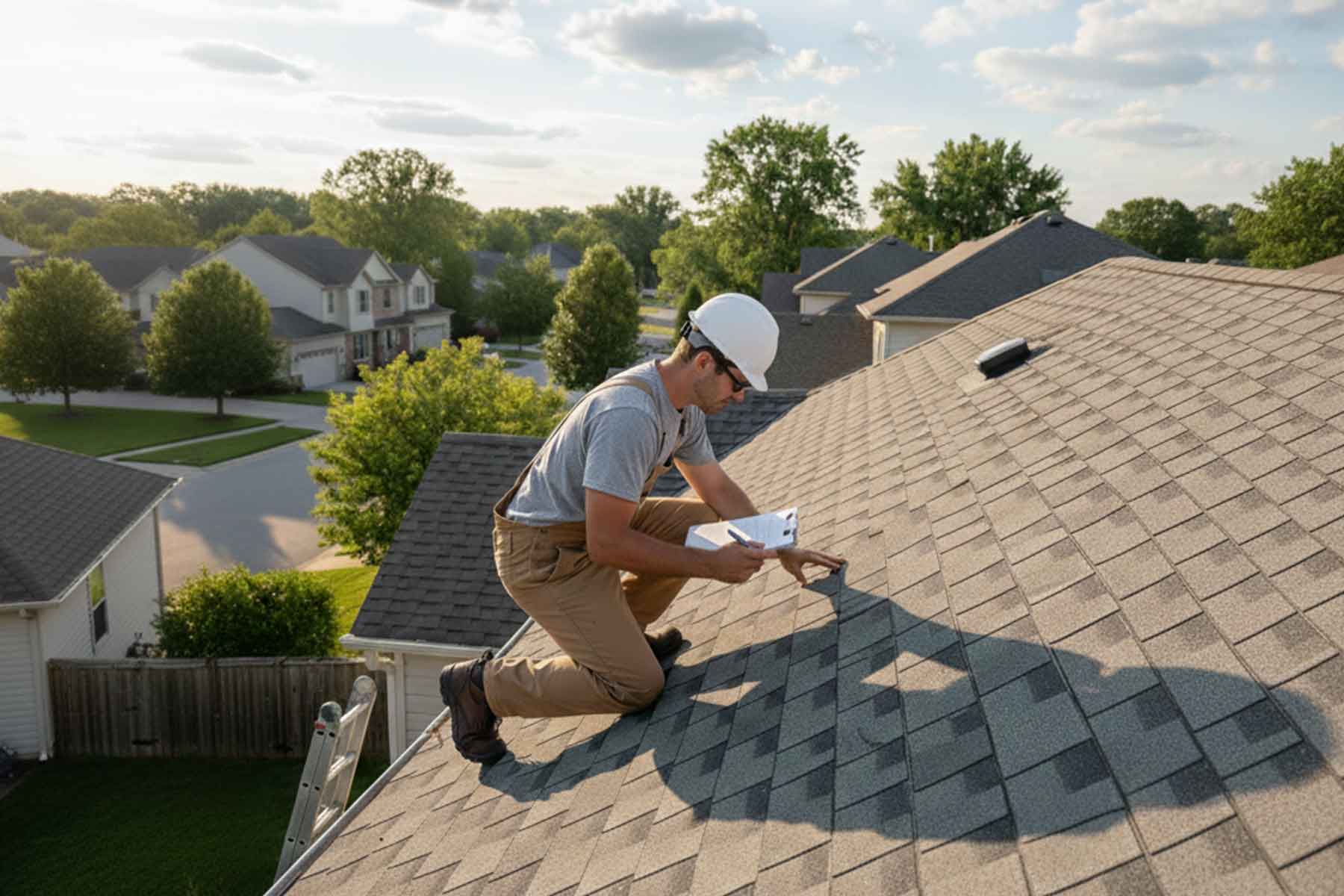 Professional roof inspector examining and documenting a residential shingle roof